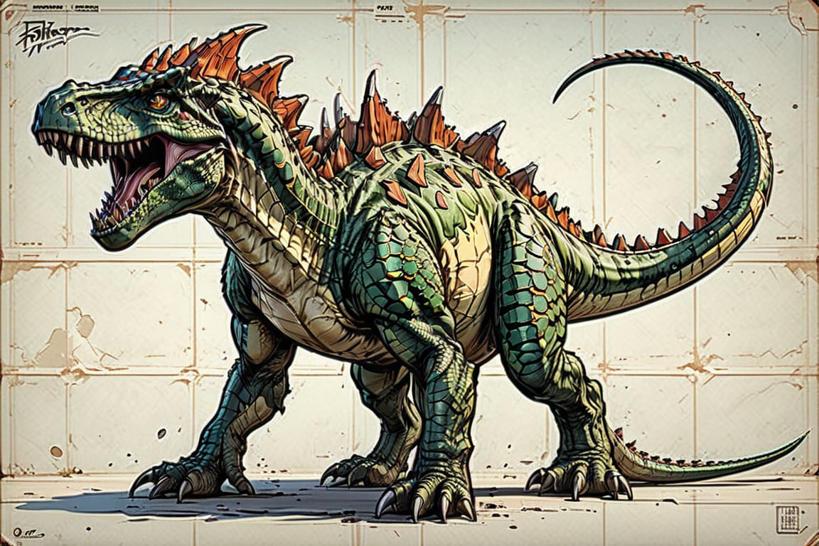 Sketchbook Style, comic book, hand drawn, gritty, realistic sketch, cel-shading, art style by Frank Cho,mix of bold dark lines and loose lines, bold lines, on paper, accurate body, character sheet, turnaround, multiple views of same character,proportions, Full Body,The dragon is more accurately described as a dinosaur, combining features of a Stegosaurus and an Allosaurus.
It has a lizard-like head, with sharp teeth and a menacing gaze.
Its back is spiny, reminiscent of the armored plates seen on some dinosaurs.
The tail is thorny, adding to its dangerous appearance.
The overall impression is one of primal power and ancient menace.white background 