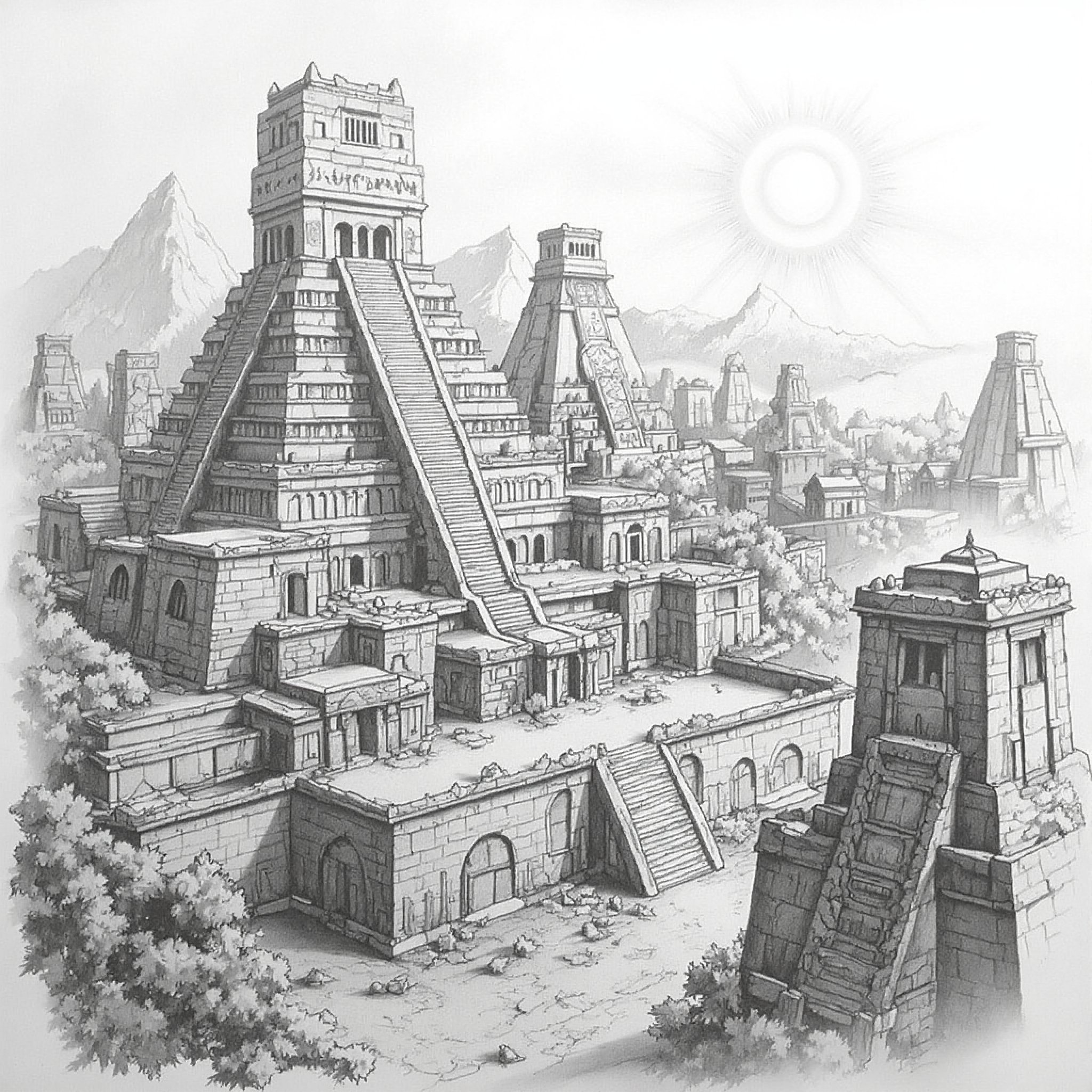 Pencil drawing, graphite hard, sketch, smooth shading, A detailed masterpiece detailed illustration of an ancient city inspired by the Mayan empire, located in a vast jungle landscape. The city is surrounded by an imposing wall, with tall spires and rising above. The architecture includes large stone temples and palaces with multi-tiered roofs, each adorned with intricate carvings of deities and mythical creatures. The central temple is the tallest, with a pyramidal structure and a series of terraces leading up to the top. The surrounding landscape is Natural tones browns, silvers, whites dominating the scene, and distant mountains can be seen through a hazy, sunlit sky. Include details like sandstone carvings, vines cover the walls, and a misty atmosphere that gives a sense of the city's ancient and mysterious nature.