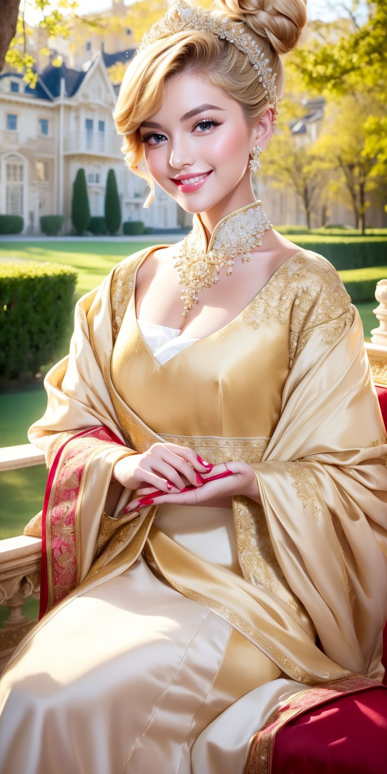 Pretty and charming girl. She wears a very elegant noblewoman oufit. She is a very cute girl. Hyperdetailing masterpiece, hyperdetailing skin, masterpiece quality, with 4k resolution. Charming smile. Short hair, himecut hairstyle, blonde hair. Mansion in background. She belongs to the nobility. bun hairstyle. tender and charming smile.