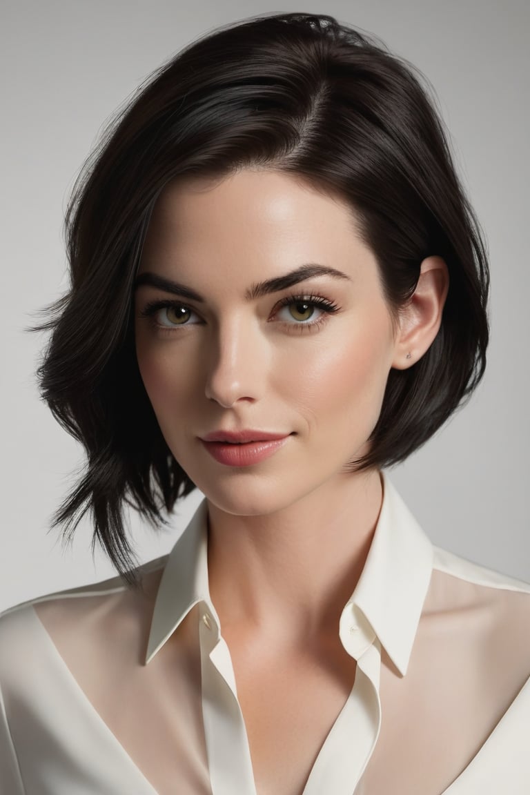 Vertical Composition: A Close-Up Portrait of a Powerful Woman.

A sun-kissed woman in her 30s, donning a sleek dress shirt and a sharp jawline, commands attention. Her determined gaze, reminiscent of Anne Hathaway's intensity, is framed by a subtle smile, hinting at a confidence that can't be shaken. Dark eyes seem to bore into the camera, as if challenging the viewer to match her level of sophistication.

Her raven-black locks are styled in a trendy wolf cut, framing her heart-shaped face and adding to her allure. A soft sheen to her lips and skin gives off a radiant glow, as if infused with an inner light. The color palette is a masterclass in restraint, with a focus on rich neutrals that allow the subject's stunning features to take center stage.

In this highly detailed, hyper-realistic portrait, every strand of hair, every eyelash, and every fold of skin seems to have been meticulously crafted by a skilled digital artist. The result is an image that appears almost three-dimensional, inviting the viewer to step into its sleek, modern world.