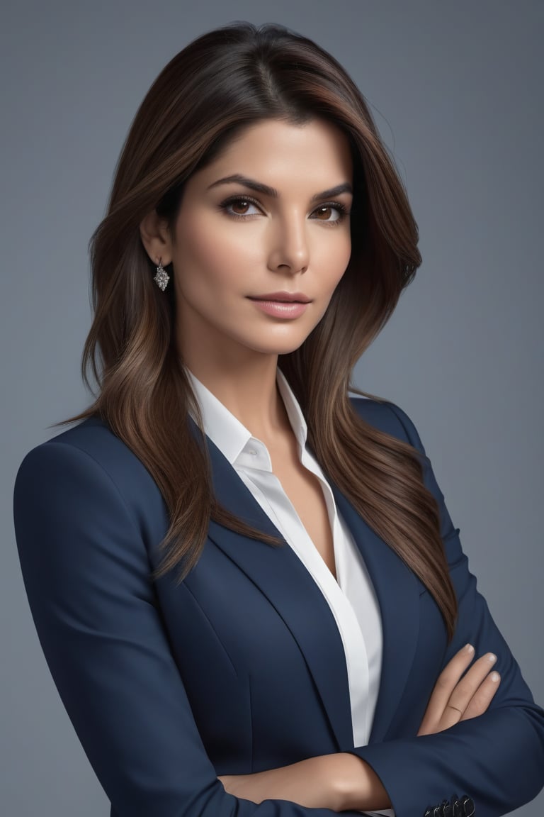 create a hyper realistic vertical photo of Indian most attractive woman in her 20s, ight brown hair, trending on artstation, portrait, digital art, modern, sleek, highly detailed, formal, determined, blue business suit, 36D ,  fairy tone, sandra bullock
