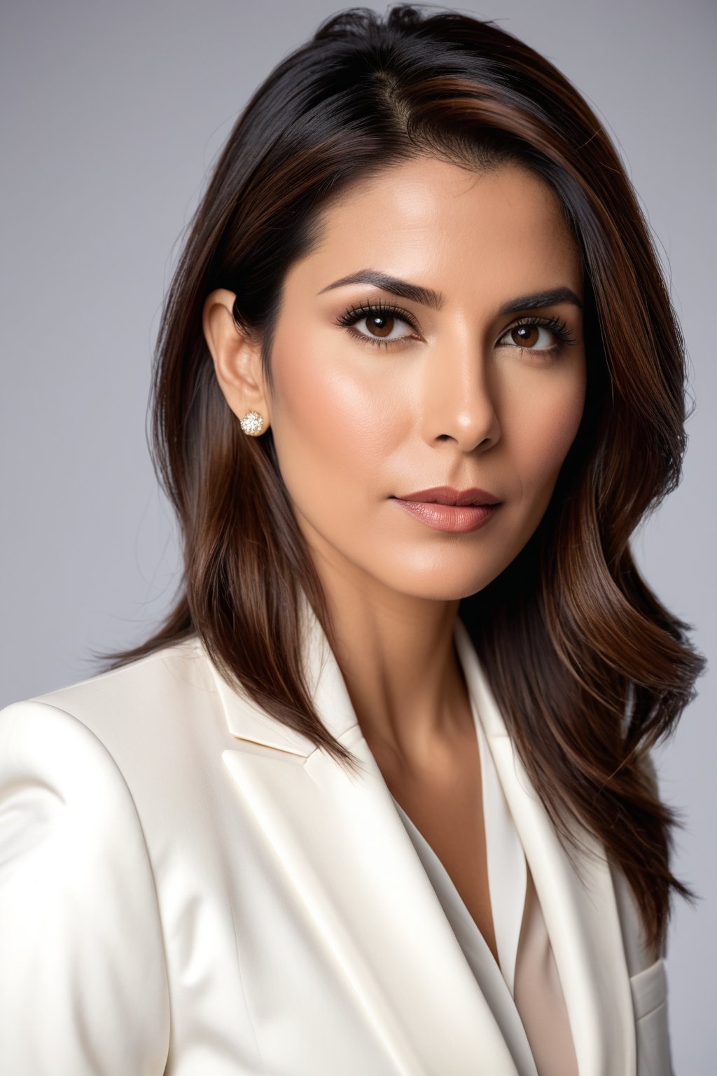 A captivating close-up portrait of an Indian woman in her 30s with a striking wolf-cut brown hairdo, exuding determination and confidence in a stunning white business suit. Her direct yet soft gaze, reminiscent of Sandra Bullock's elegance, is framed by a shallow depth of field against a neutral, gradient-blurred background. Softbox lighting illuminates her skin tone with a flattering glow, while the suit's subtle sheen adds dimensionality. The overall atmosphere is one of modern sophistication and poise.