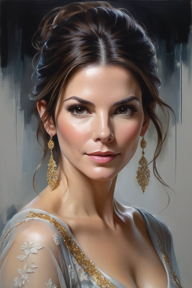 Here's a prompt for an oil painting that captures the essence of your request:

Create a breathtaking vertical oil painting of Sandra Bullock as Mozart, a female reimagining of the composer, set against a rich, deep background. Depict her in an action pose, with medium-long fuzzy hair framing her face and perfect symmetric eyes shining bright. Her gorgeous face is lit by volumetric lighting, showcasing intricate details and layering. The portrait is layered with cells, adhering to the golden ratio for balanced composition. Sharp focus and depth of field draw attention to her 38C bust, dressed in a formal blouse and transparent saree that shimmers like fairy dust. This masterpiece embodies Jeremy Mann, Carne Griffiths, and Robert Oxley's artistic styles, exuding determination and sophistication.