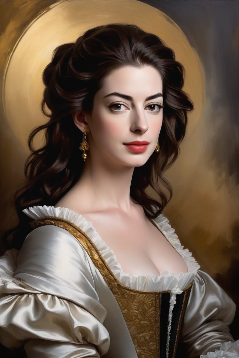 Anne Hathaway as Mozart: The Maestro's Muse. A stunning oil painting portrait of Anne Hathway as Wolfgang Amadeus Mozart,...