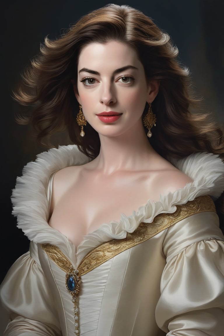 Anne Hathaway as Mozart's Female Muse: A Masterpiece In this stunning oil painting,  Anne Hathway's breathtaking portrait...