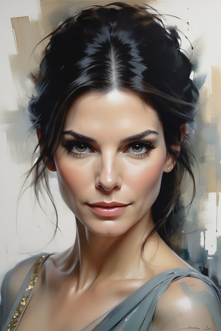 Jeremy Mann's oil painting presents Sandra Bullock in an exquisite portrait, donning an elegant blouse and flowing transparent saree against a subtle background. The Trendsetter wolf cut black hair flows down her back like a waterfall, framing the 38C bust perfectly. Volumetric lighting accentuates her facial curves, while heavy brushstrokes and layered shading create a textured image reminiscent of Carne Griffiths' work. The golden ratio guides the eye to her symmetric eyes, radiating determination. Rich colors bring this masterpiece to life, with perfect composition and sharp focus adding depth and dimensionality.