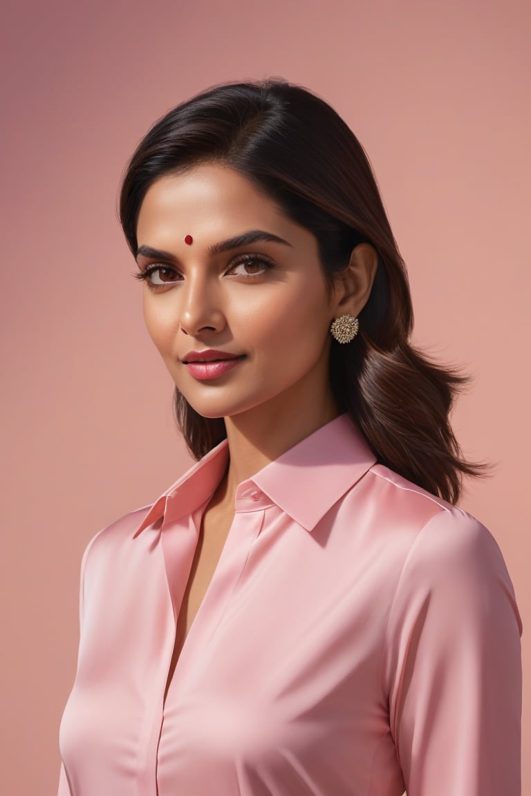 Vertical portrait of a stunning Indian woman in her 30s, dressed in a sun-kissed pink shirt dress, exuding confidence and determination. Her Trendsetter wolf-cut brown hair falls softly around her face, framing her striking features. Deepika Padukone-esque charm radiates from her soft smile and full lips, which seem to hint at a thousand secrets. Her black eyes gleam with intensity, as if plotting the next big move in the corporate world - she's a CEO, after all. The sleek, modern composition is set against a smooth, colorized background, emphasizing the subject's sharp jawline and chiseled features. Every detail, from the subtle highlights on her hair to the delicate folds of her dress, is rendered with hyper-realistic precision, making this digital art piece truly breathtaking.