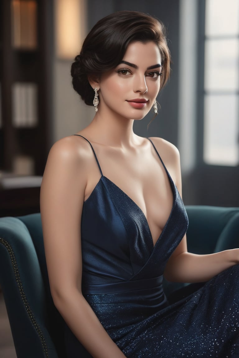 A striking vertical portrait of a stunning Indian woman in her 20s, Trendsetter with a wolf cut black hair that's trending on Artstation. She sits confidently in a luxurious office setting, wearing a sleek saree that accentuates her curvaceous figure, specifically her prominent bust (36D). Her fair skin glows under fairy-like lighting, highlighting the subtle freckles scattered across her cheeks. Her determined gaze is both captivating and flirty, reminiscent of Anne Hathaway's signature look. The camera captures her from a slight angle, emphasizing her facial features and the subtle smile playing on her lips. The overall mood is modern, sophisticated, and highly detailed, with every strand of hair and fold of fabric expertly rendered in a digital art style that exudes formal elegance.