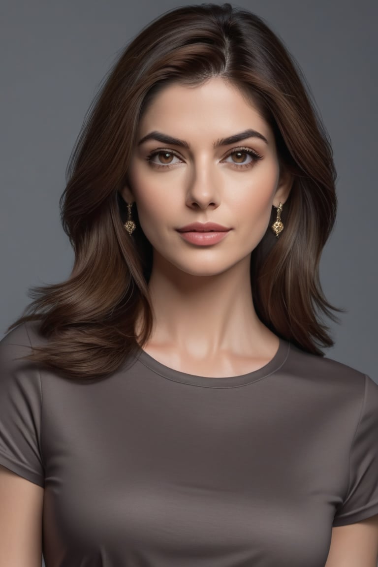 craft a hyper realistic vertical photo of Indian most attractive serious woman in her 30s in T-shirt Dresses, trending on artstation, portrait, digital art, modern, sleek, highly detailed, formal, serious, determined, CEO, colorized, smooth, charming, pretty, soft smile, soft lips, black eyes, Trendsetter wolf cut brown hair, anne hathway,