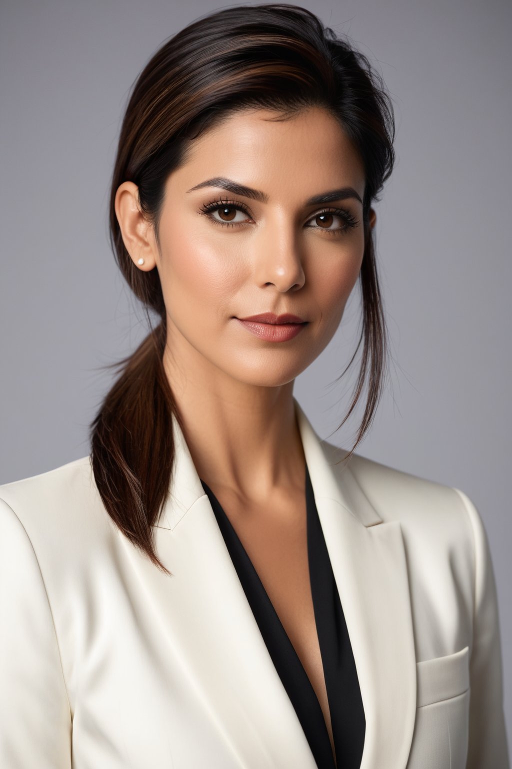 A captivating close-up portrait of an Indian woman in her 30s, sporting a trendy wolf-cut brown hairdo, donning a striking white business suit that embodies determination and confidence. Her direct yet soft gaze, reminiscent of Sandra Bullock's elegance, dominates the frame against a shallow depth of field, showcasing sharp features against a neutral, gradient-blurred background. Softbox lighting illuminates her skin tone with a flattering glow, while the suit's subtle sheen adds dimensionality. The overall atmosphere exudes modern sophistication and poise.