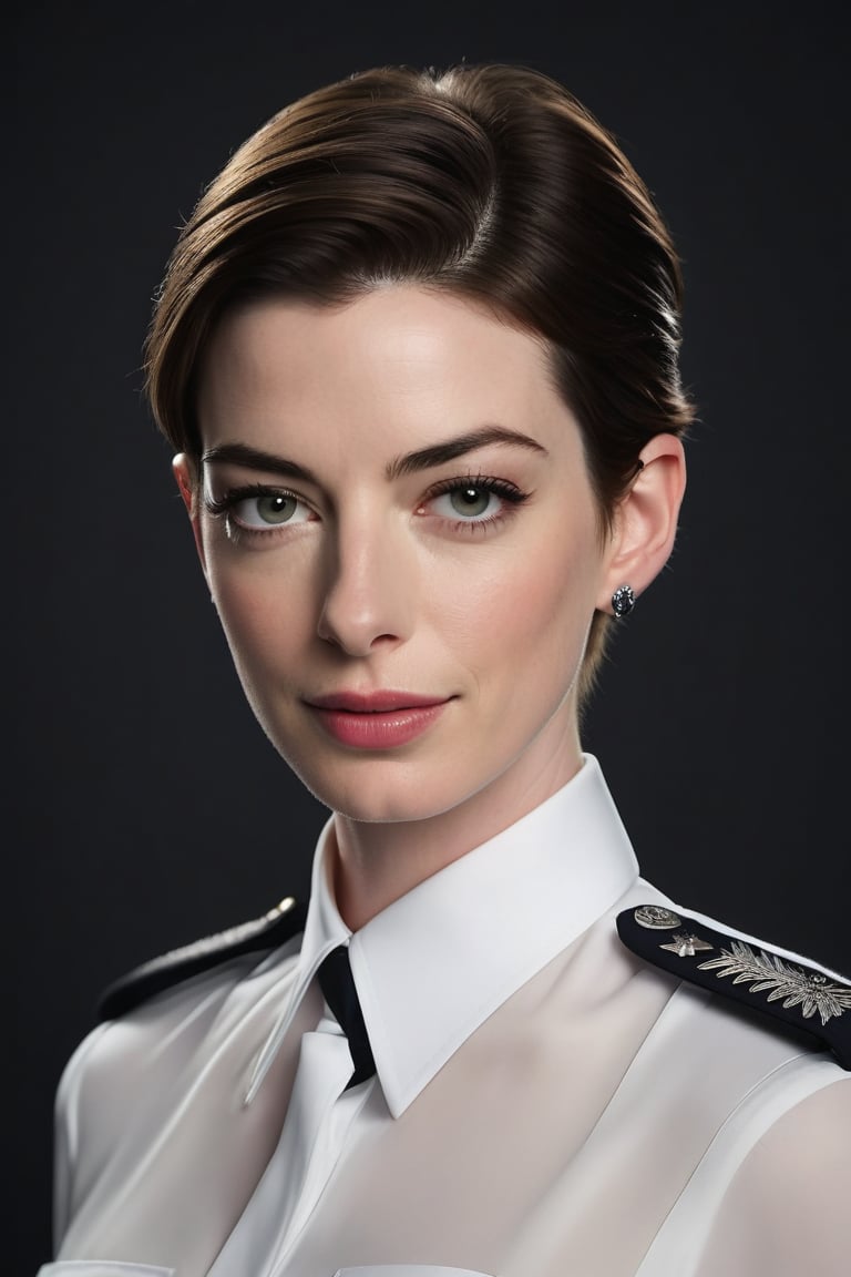 Anne Hathaway's striking features shine in a cinematic shot. She stands confidently, dressed in a crisp Russian police uniform, her perfect, symmetric eyes drawing attention to their piercing intensity. Soft light illuminates her natural skin texture, accentuating every detail. Framed by a high-contrast background, Anne's figure is rendered in 8K HDR with Fujifilm XT3 precision, capturing the subtle nuances of film grain and cinematic lighting.