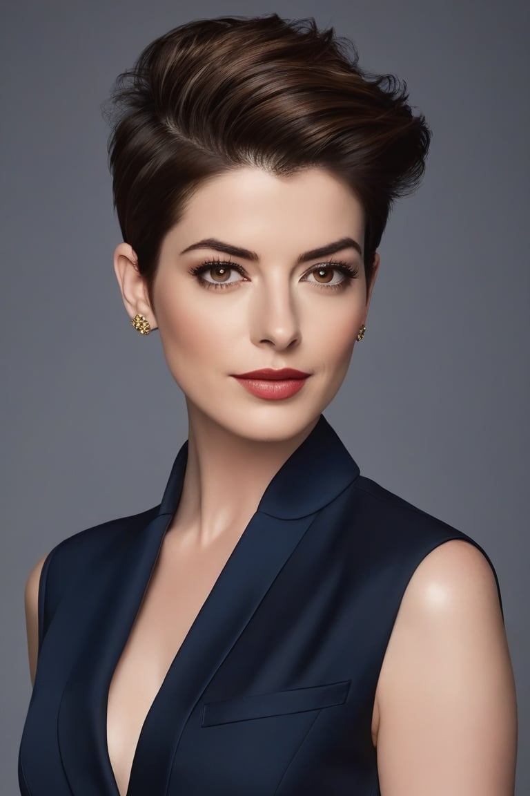 A striking vertical portrait of a stunning Indian woman in her 30s, sporting a trendy wolf-cut brown hairdo. She exudes confidence and determination, gazing directly into the camera with piercing eyes. Her skin is flawless, with a subtle golden glow. She wears a sleek blue business suit, perfectly tailored to accentuate her toned physique. The formal setting is juxtaposed with her modern, edgy hairstyle, creating a striking visual contrast. Anne Hathway's iconic elegance is reflected in her poise and demeanor. The image is hyper-realistic, with an incredible attention to detail that draws the viewer in.