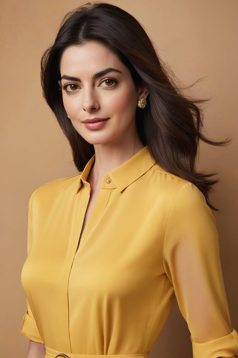 In a bold, vertical composition, a confident Indian woman in her 30s stands out against a smooth, colorized background. She wears a stunning sun-kissed yellow shirt dress that accentuates her sharp jawline and chiseled features. Her Trendsetter wolf-cut brown hair frames her striking face, while her soft smile and full lips radiate Anne Hathaway-esque charm. Her black eyes gleam with intensity, plotting the next move as a CEO. Every detail, from subtle highlights on her hair to delicate folds of her dress, is rendered in hyper-realistic precision.