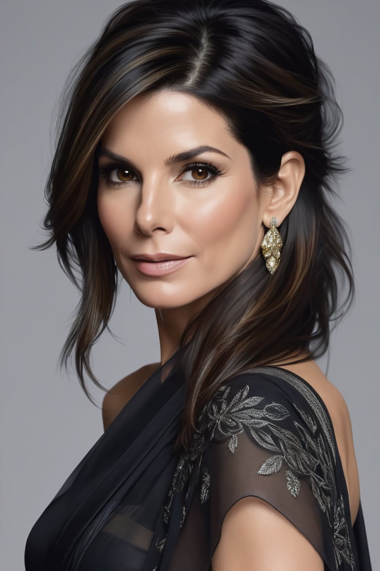 Here's the prompt: A stunning portrait of Sandra Bullock,  dressed in a resplendent Saree,  with her signature wolf-cut bl...