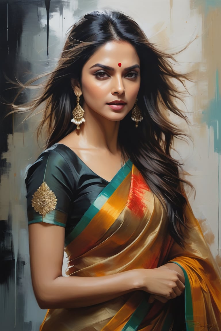 oil painting, heavy brushstrokes, paint drips, a breathtaking portrait of a Mozart, female, Deepika Padukone, action pose, medium long fuzzy hair, perfect symmetric eyes,gorgeous face, by Jeremy Mann, Carne Griffiths, Robert Oxley, rich, deep colors,layered image shaded by cells, golden ratio, award winning, professional,highly detailed, intricate, volumetric lighting, gorgeous, masterpiece, sharp focus, depth of field, perfect composition, award winner, artstation, acrylic painting create a hyper realistic vertical photo of Indian most attractive woman in her 40s, Trendsetter wolf cut black hair, trending on artstation, portrait, digital art, modern, sleek, highly detailed, formal, determined, 38C, fairy tone, blouse and transparent saree, 