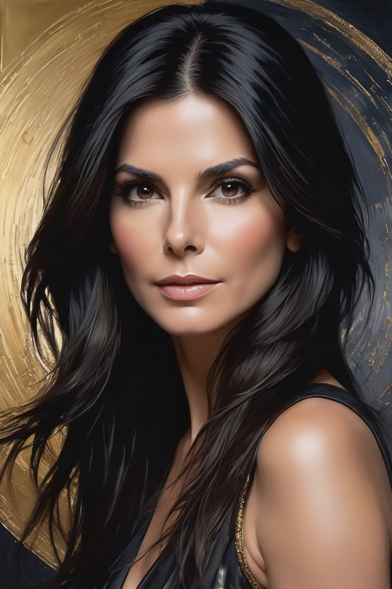 Vertical portrait of a stunning Indian woman in her 40s,  Sandra Bullock as Mozart,  with medium-long fuzzy black hair fra...