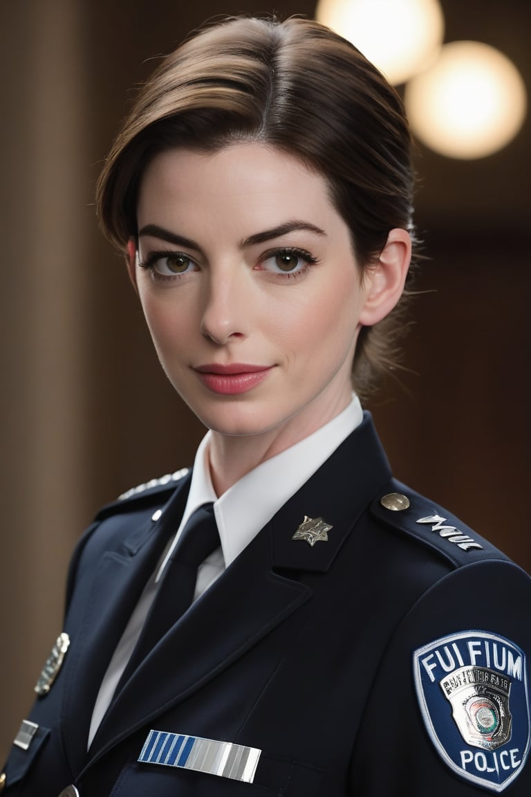 Anne Hathaway, a stunning Caucasian woman, stands confidently in a loose-haired pose, her big buttocks accentuated beneath the fitted female police uniform. Her perfectly symmetrical eyes, framed by luscious lashes, seem to sparkle with an inner light. Soft, natural lighting bathes her porcelain skin, showcasing its smooth texture. In hyperrealistic detail, sharp focus and 8K HDR capture every nuance on the Fujifilm XT3 DSLR camera. The high-contrast cinematic lighting adds depth, while a hint of film grain provides subtle texture.