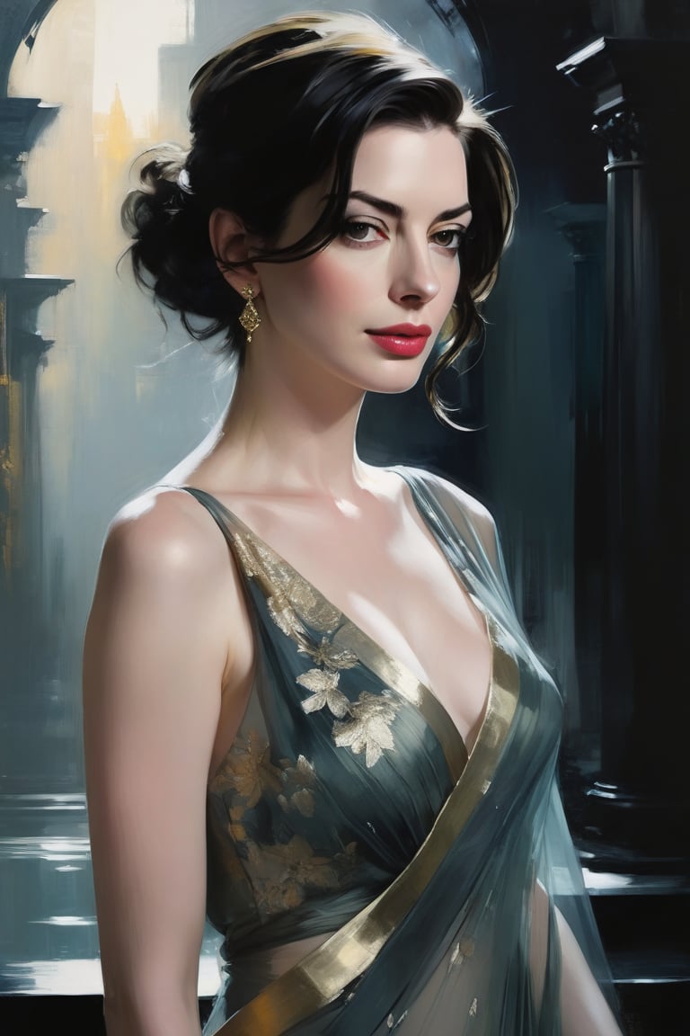 Anne Hathaway's portrait by Jeremy Mann: Anne, donning an elegant blouse and flowing transparent saree against a subtle background, poses confidently. Her Trendsetter wolf cut black hair cascades down her back like a waterfall, framing her 38C bust. Volumetric lighting accentuates her facial curves while heavy brushstrokes and layered shading create textured layers. The golden ratio guides the eye to her symmetric eyes radiating determination. Rich colors bring this masterpiece to life with perfect composition and sharp focus adding depth and dimensionality.