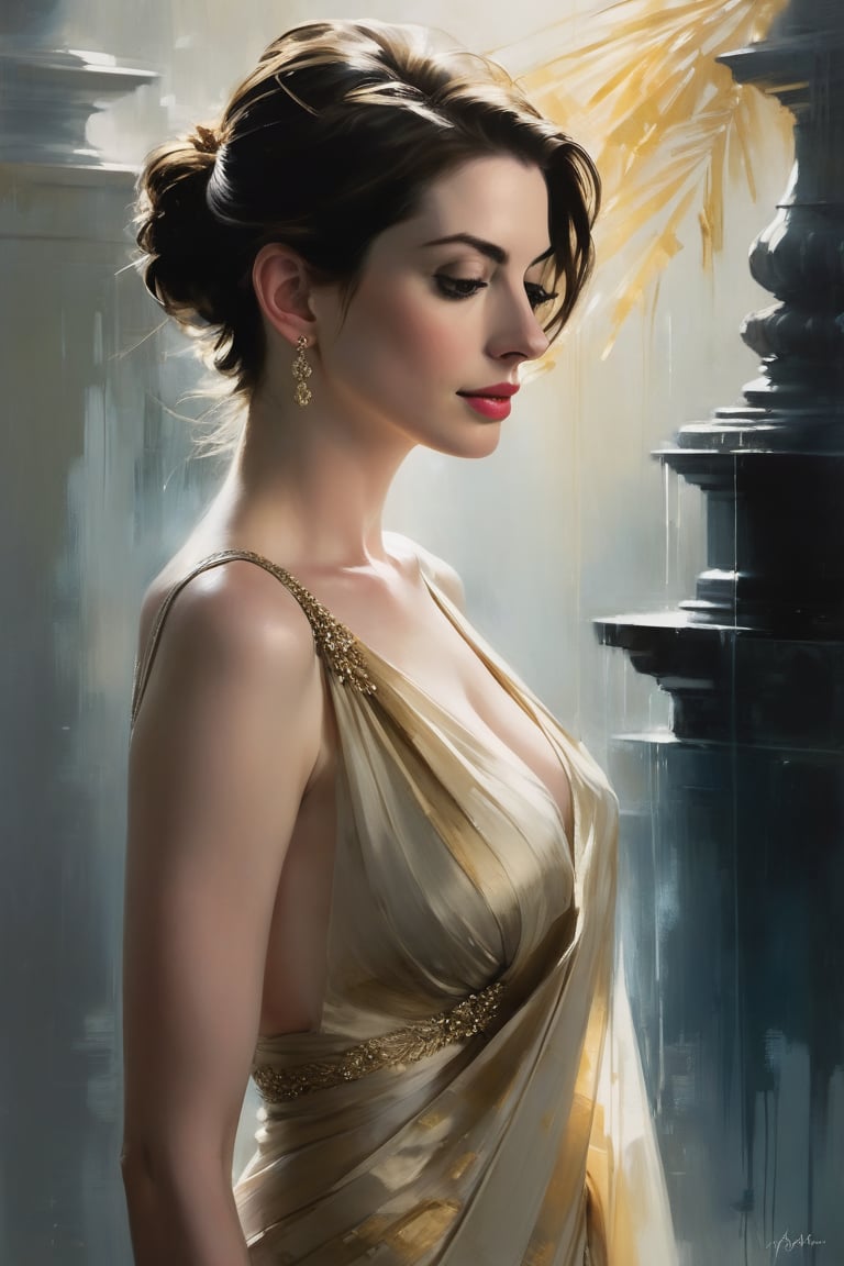 A portrait of Anne Hathaway by Jeremy Mann: Softly lit, Anne's elegant blouse and flowing saree blend harmoniously against a subtle background. Her Trendsetter wolf cut hair cascades down her back like a waterfall, framing her 38C bust. Volumetric lighting highlights facial curves while heavy brushstrokes and layered shading create textured depth. Golden ratio guides the eye to symmetric eyes radiating determination. Rich colors bring this masterpiece to life with perfect composition and sharp focus adding dimensionality.