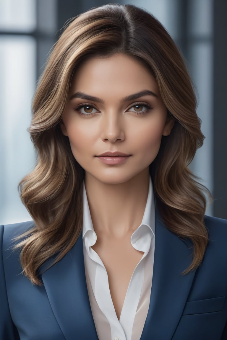 create a hyper realistic vertical photo of Indian most attractive woman in her 20s, ight brown hair, trending on artstation, portrait, digital art, modern, sleek, highly detailed, formal, determined, blue business suit, 36D ,  fairy tone, Michelle Pfeiffer
