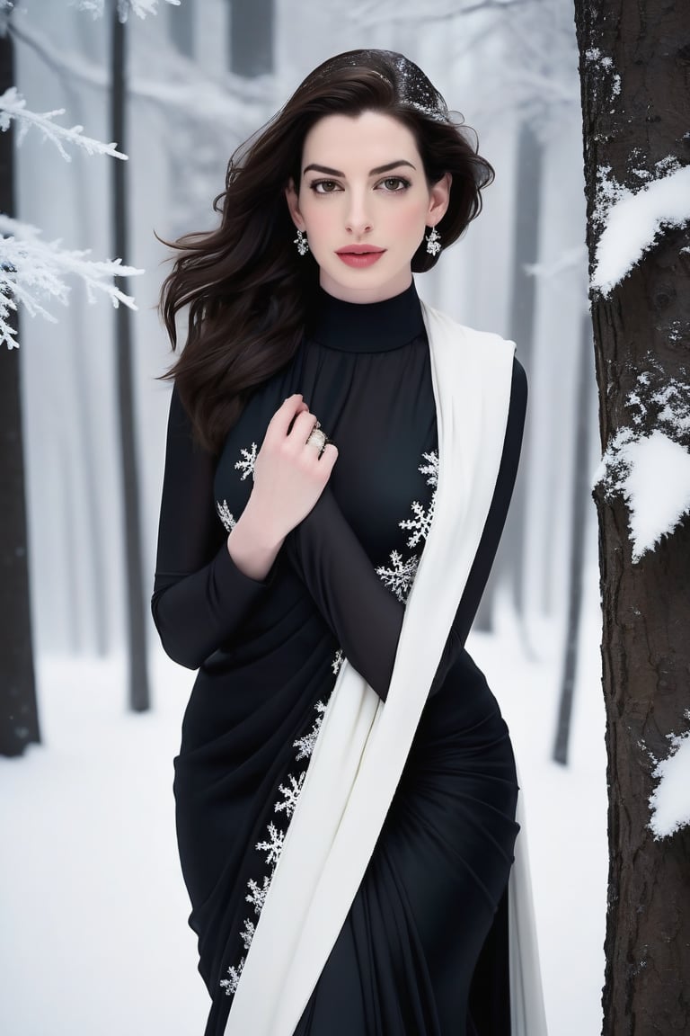 Anne Hathaway kneels amidst a serene winter wonderland,  her determined gaze piercing through the frigid air. Her sleek bl...