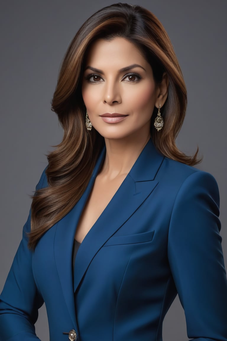 A striking vertical portrait of a stunning Indian woman in her 40s, with luscious light brown hair styled in a chic, modern look. She stands confidently, donning a sleek, formal blue business suit that accentuates her toned physique. Her piercing gaze conveys determination as she gazes directly into the lens. With a subtle fairy tone and an alluring aura, this subject exudes sophistication and elegance, reminiscent of Sandra Bullock's iconic style. The highly detailed image showcases every contour, from her striking facial features to her toned arms, creating a hyper-realistic masterpiece that rivals any art station piece.