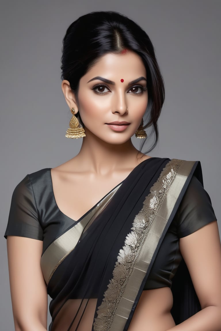 Here is a hyper-realistic vertical photo of an Indian woman in her 40s:

A stunning Indian woman, reminiscent of Sandra Bullock, stands confidently against a subtle gradient background. Her wolf-cut black hair, styled with a hint of messy chic, frames her determined face. Her eyes, like polished onyx, sparkle with a fairy tone intensity.

She wears a black transparent saree that drapes elegantly around her 36D curves, accentuating her modern and sleek physique. The formal pose exudes confidence and poise, as if she's ready to conquer the world. The camera captures every detail of her highly polished features, from the delicate freckles on her cheeks to the subtle curve of her eyebrows.

The lighting is soft and even, with a hint of golden glow that enhances her natural beauty. The composition is clean and minimalist, focusing attention solely on this Trendsetter's captivating presence.