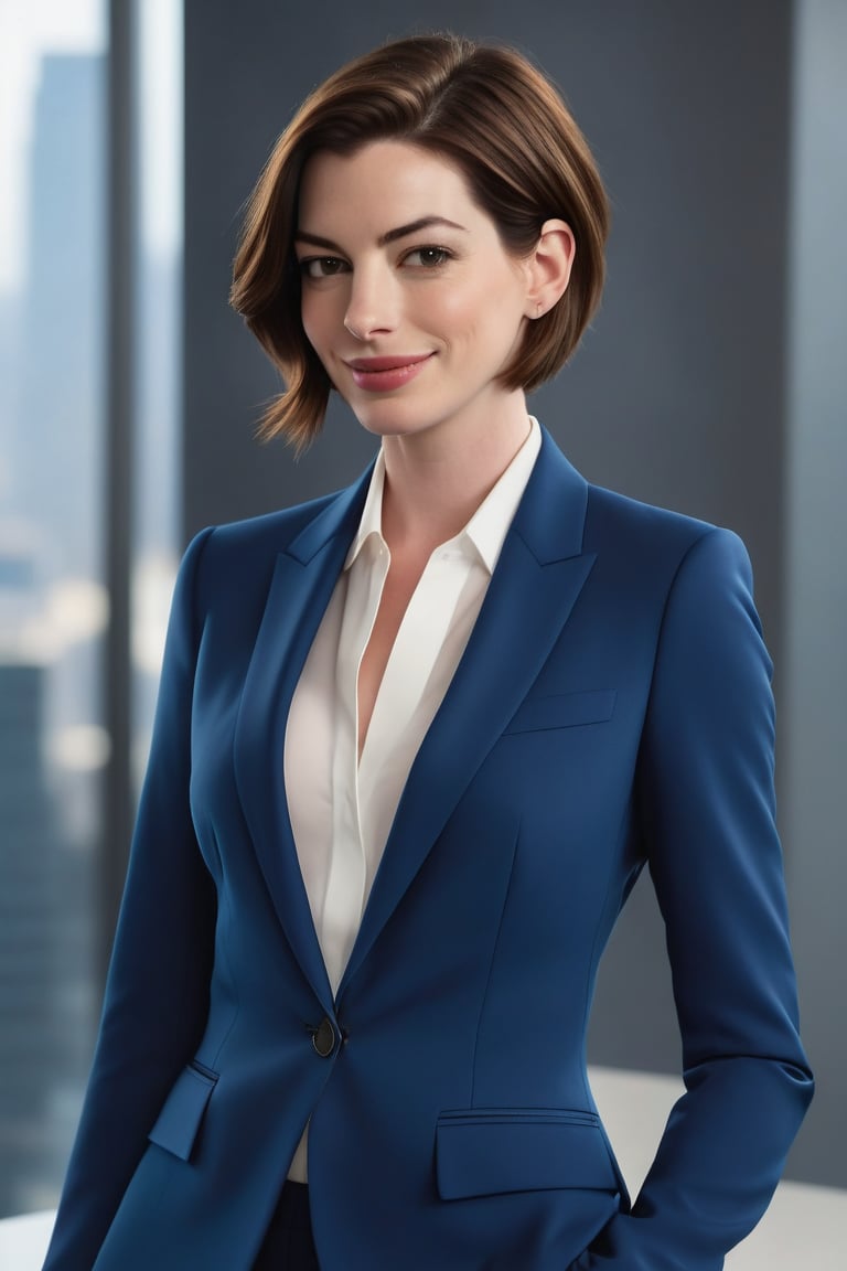 Anne Hathaway-inspired beauty poses confidently in a vertical frame, surrounded by soft focus blurred background. Her striking wolf-cut brown hair, styled in effortless layers, falls down her back like a waterfall. A trendy blue business suit, tailored to perfection, accentuates her slender figure and sharp jawline. Her bright smile, radiant with happiness, lights up the entire composition. The formal atmosphere is elevated by the sleek, modern setting and the highly detailed textures on her suit. The subject's determined gaze, almost piercing, commands attention, making this digital art piece a masterpiece worthy of trending on ArtStation.