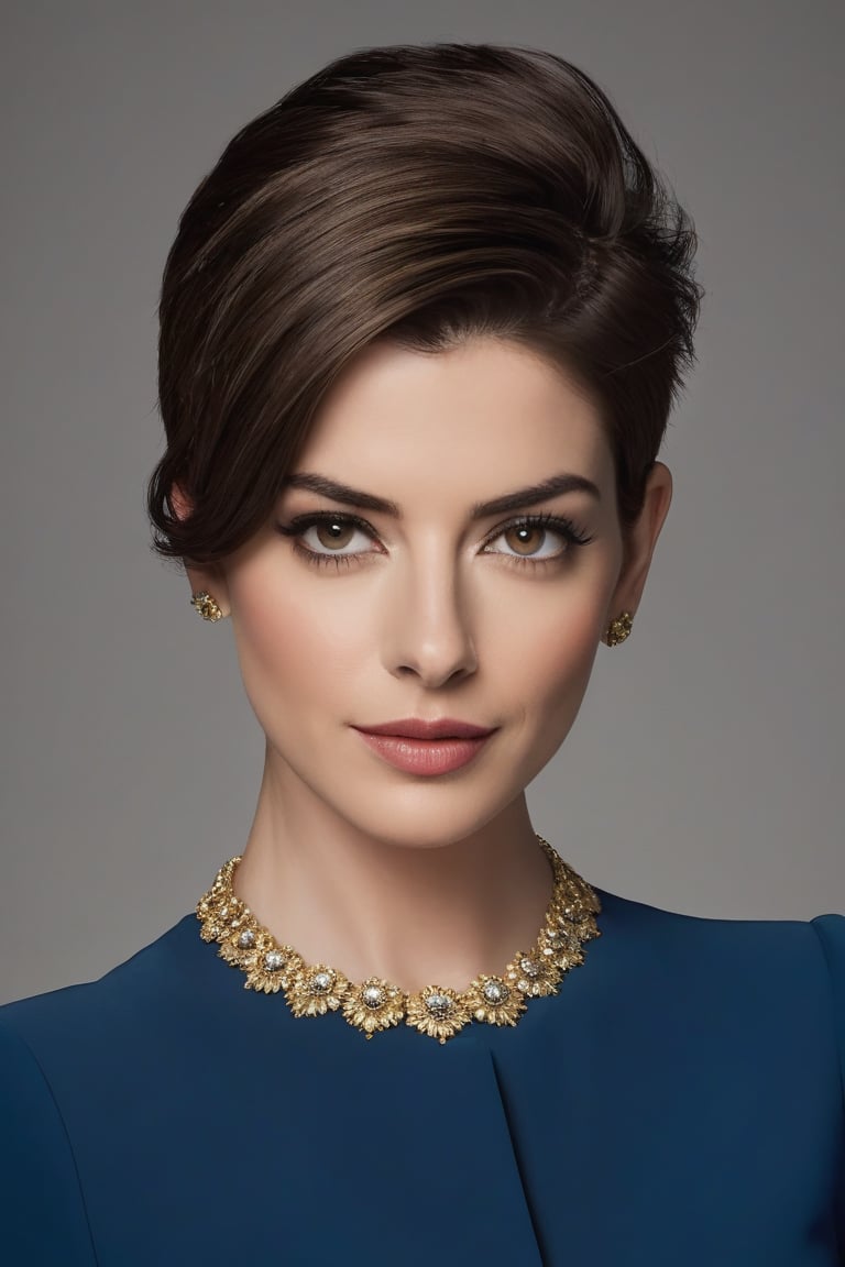 A striking vertical portrait of a stunning Indian woman in her 30s, sporting a trendy wolf-cut brown hairdo. She exudes confidence and determination, gazing directly into the camera with piercing eyes. Her skin is flawless, with a subtle golden glow. She wears a sleek blue business suit, perfectly tailored to accentuate her toned physique. The formal setting is juxtaposed with her modern, edgy hairstyle, creating a striking visual contrast. Anne Hathway's iconic elegance is reflected in her poise and demeanor. The image is hyper-realistic, with an incredible attention to detail that draws the viewer in.