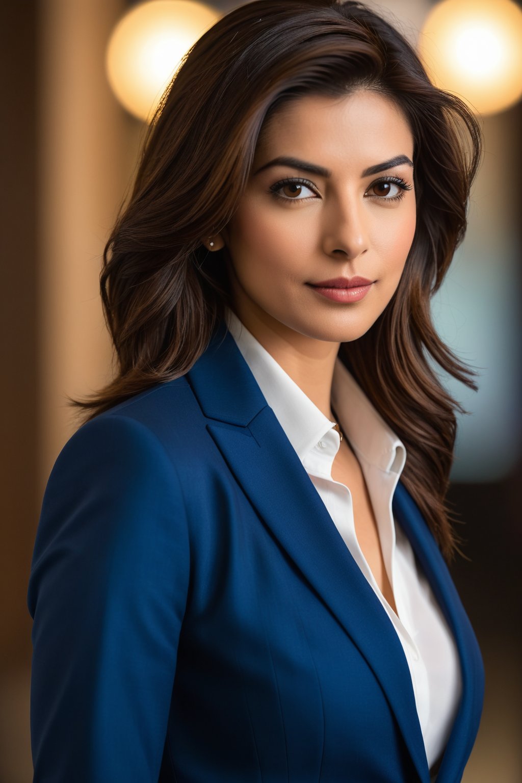 Close-up portrait of an Indian woman in her 30s with a trendsetting wolf-cut brown hairdo, donning a stunning blue business suit that exudes determination and confidence. Her gaze is direct, yet soft, reminiscent of Anne Hathaway's signature elegance. Framed by a shallow depth of field, the subject's sharp features are showcased against a neutral, gradient-blurred background, allowing her to take center stage. Softbox lighting casts a flattering glow on her skin tone, while the suit's subtle sheen adds dimensionality. The overall atmosphere is one of modern sophistication and poise.