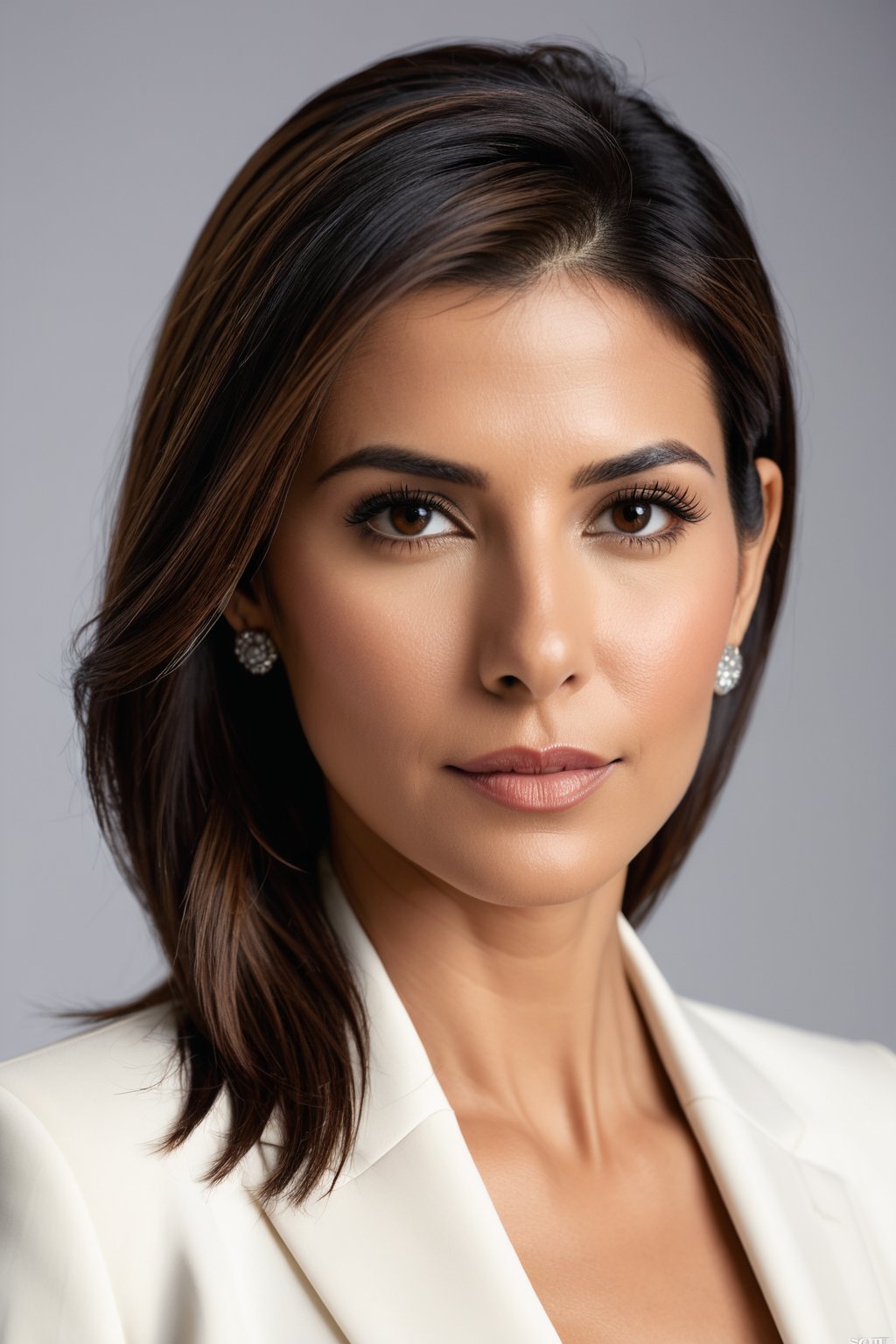 A stunning close-up portrait: A poised Indian woman in her 30s, sporting a trendy wolf-cut brown hairdo, wears a crisp white business suit exuding confidence and determination. Her direct yet soft gaze recalls Sandra Bullock's elegance. Shallow depth of field showcases her sharp features against a neutral, blurred background. Softbox lighting enhances her skin tone, while the suit's subtle sheen adds dimensionality.