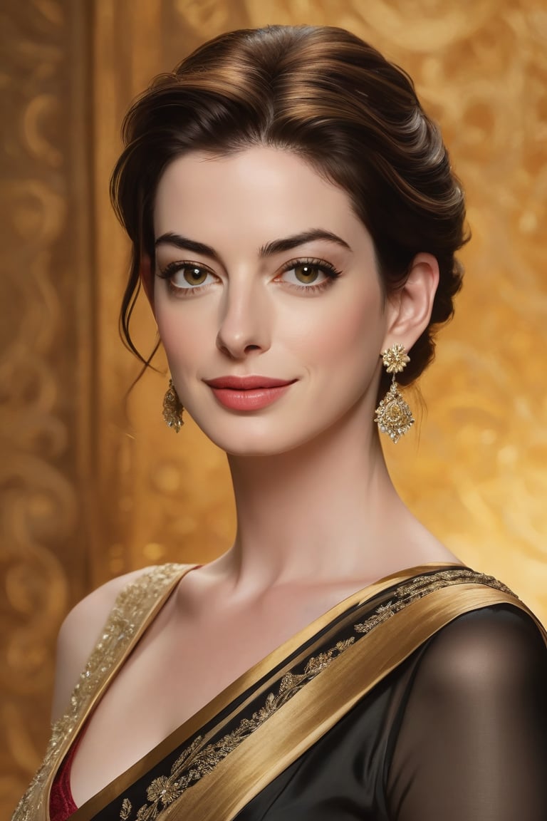 Award-winning portrait of Anne Hathaway as Mozart's female muse,  set against a rich,  golden-hued background. Heavy brush...