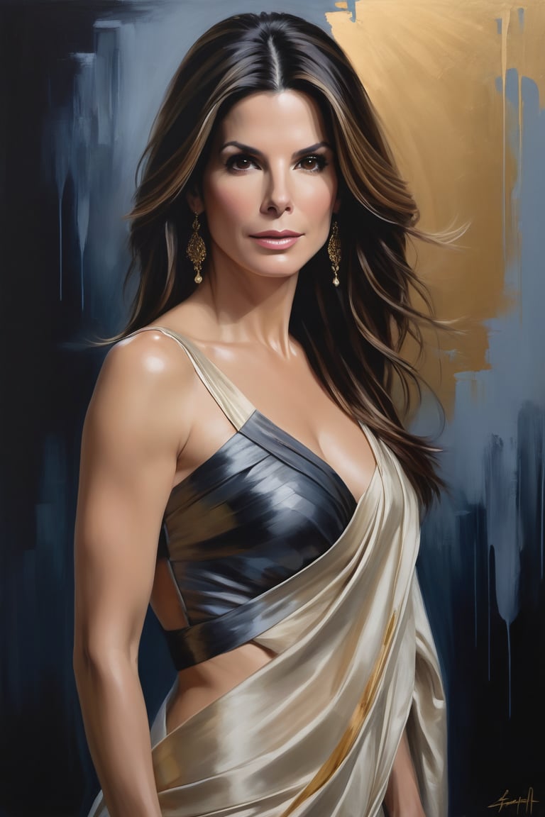 Award-winning portrait of Sandra Bullock as Mozart's female counterpart,  draped in a stunning Saree. Medium-long,  fuzzy...