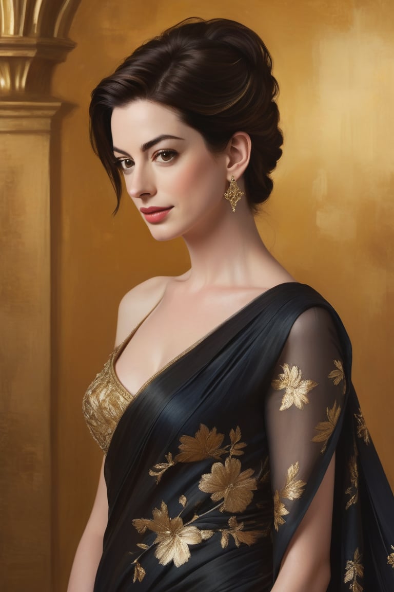 Award-winning portrait of Anne Hathaway as Mozart's female muse,  set against a rich,  golden-hued background. Heavy brush...