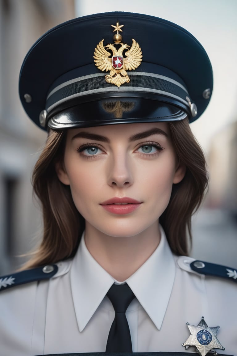 a breathtakingly beautiful caucasian woman Anne hathway from Russian, female police  uniform, perfect symmetric eyes, natural skin texture, hyperrealism, soft light, sharp, 8k hdr, dslr, high contrast, cinematic lighting, high quality, film grain, Fujifilm XT3