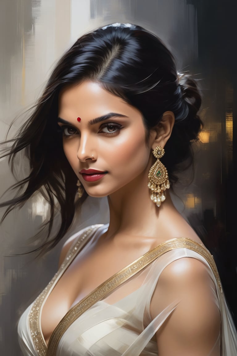 Deepika Padukone's portrait by Jeremy Mann: Anne, donning an elegant blouse and flowing transparent saree against a subtle background, poses confidently. Her Trendsetter wolf cut black hair cascades down her back like a waterfall, framing her 38C bust. Volumetric lighting accentuates her facial curves while heavy brushstrokes and layered shading create textured layers. The golden ratio guides the eye to her symmetric eyes radiating determination. Rich colors bring this masterpiece to life with perfect composition and sharp focus adding depth and dimensionality.