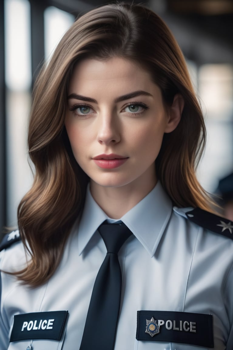 a breathtakingly beautiful caucasian woman Anne hathway from Russian, loose hair, big 
 buttock,female police  uniform, perfect symmetric eyes, natural skin texture, hyperrealism, soft light, sharp, 8k hdr, dslr, high contrast, cinematic lighting, high quality, film grain, Fujifilm XT3