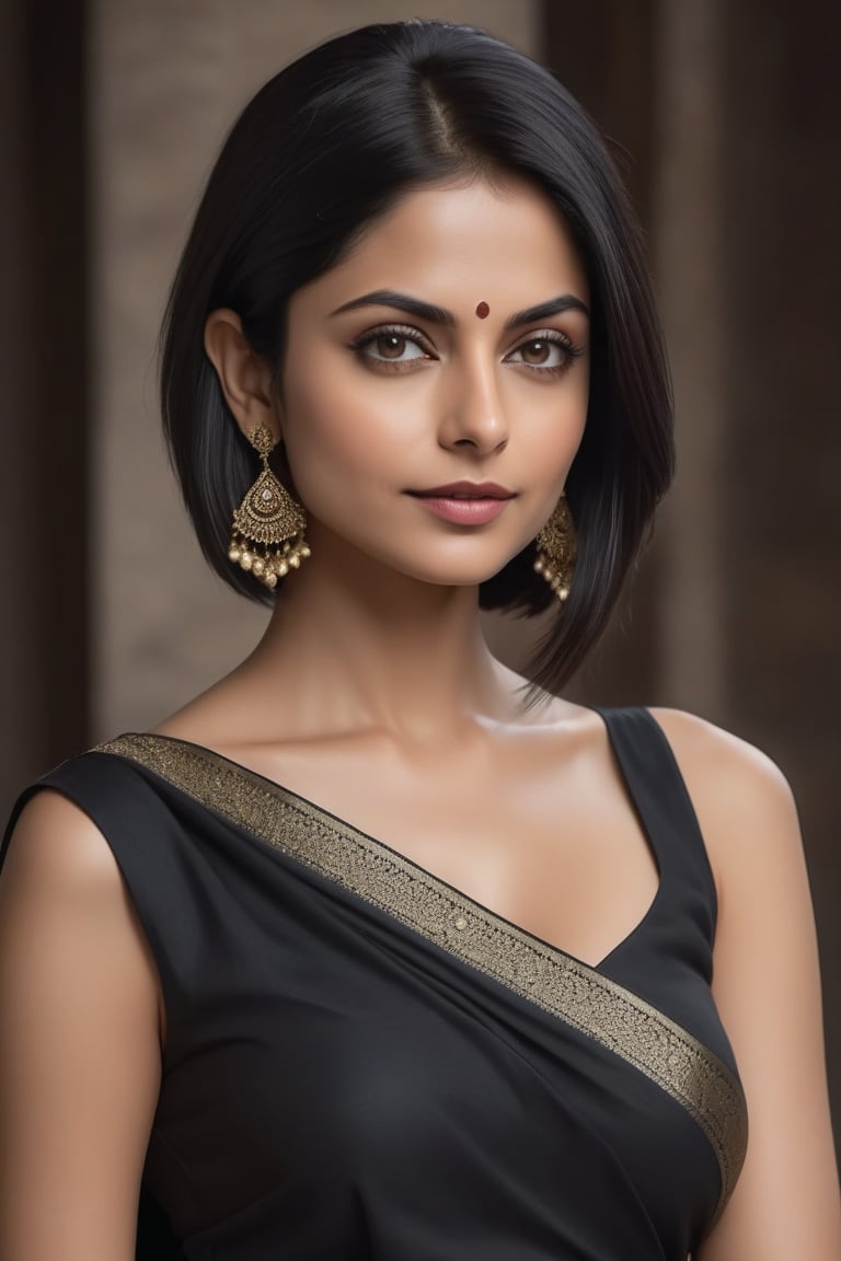 create a hyper realistic vertical photo of most attractive Indian woman in her 40s, Trendsetter wolf cut black hair, trending on artstation, portrait, digital art, modern, sleek, highly detailed, formal, determined, 36D ,  fairy tone, saree, navel show, Willa Holland


