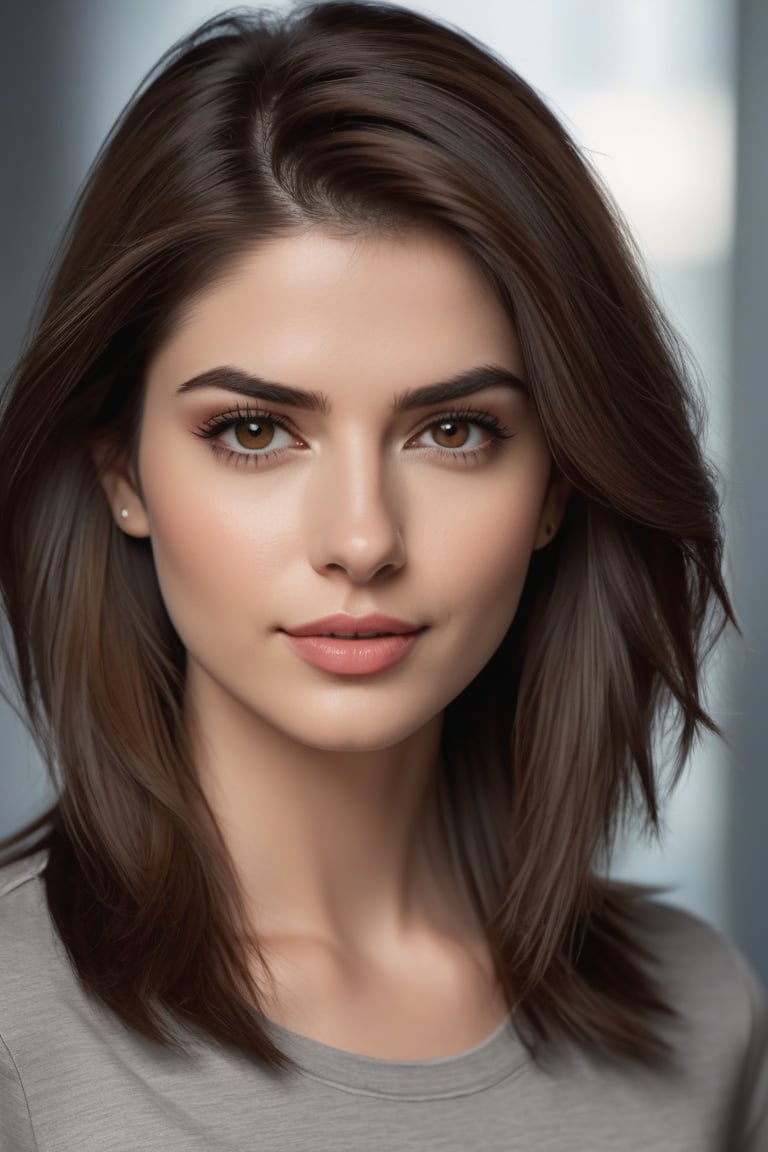 craft a hyper realistic vertical photo of Indian most attractive serious woman in her 20s in T-shirt Dresses, trending on artstation, portrait, digital art, modern, sleek, highly detailed, formal, serious, determined, CEO, colorized, smooth, charming, pretty, soft smile, soft lips, black eyes, Trendsetter wolf cut brown hair, anne hathway,