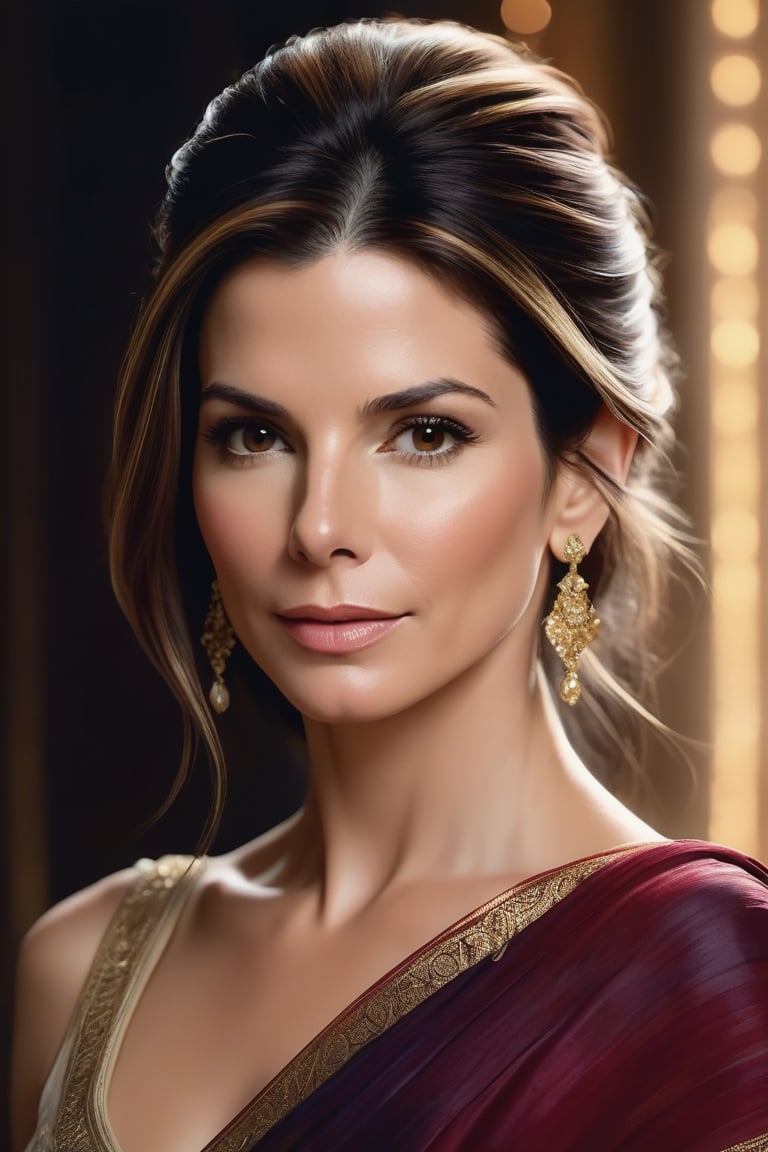 A stunning portrait of Sandra Bullock as Mozart's female muse,  draped in a luxurious Saree. Heavy brushstrokes and paint...