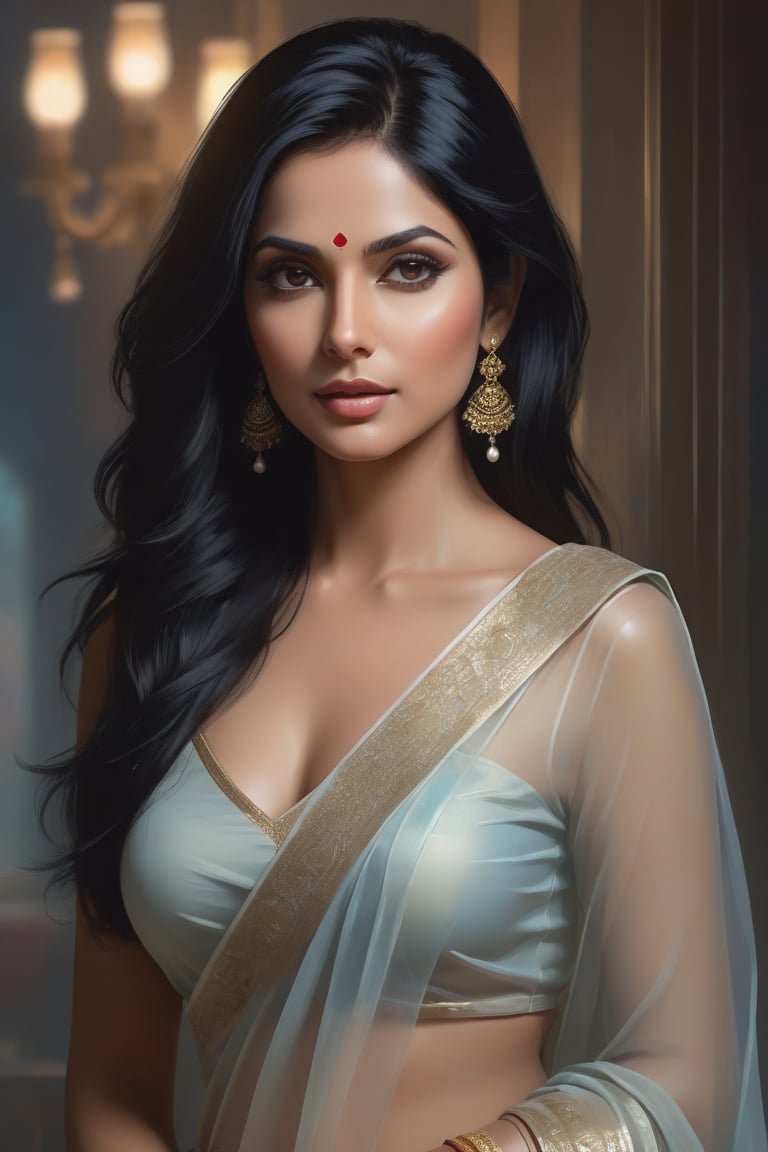 A breathtaking digital painting! A vertical portrait of a stunning Indian woman in her 40s,  with a trendy wolf cut black...
