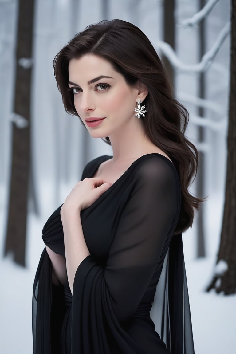 Anne Hathaway kneels amidst a serene winter wonderland, her determined gaze piercing through the frigid air. Her sleek black saree drapes elegantly around her legs, as if frozen in place. Snowflakes gently caress her dark locks, and the soft wind whispers secrets to her ear. Anne's pretty features are illuminated by the pale light of the winter forest, her soft smile and smooth lips invitingly subtle. The icy atmosphere is tempered only by the warmth emanating from her captivating presence. Framed by towering trees heavy with snow, Anne's beauty is on full display in this stunning vertical photograph.