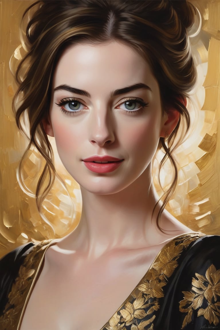 Mozart's Muse: A breathtaking oil painting portrait of Anne Hathaway,  a female composer of music,  poised with intensity....