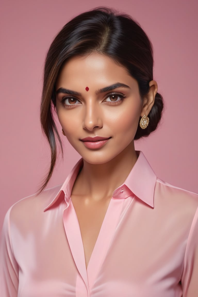 Vertical portrait of a stunning Indian woman in her 30s, dressed in a sun-kissed pink shirt dress, exuding confidence and determination. Her Trendsetter wolf-cut brown hair falls softly around her face, framing her striking features. Deepika Padukone-esque charm radiates from her soft smile and full lips, which seem to hint at a thousand secrets. Her black eyes gleam with intensity, as if plotting the next big move in the corporate world - she's a CEO, after all. The sleek, modern composition is set against a smooth, colorized background, emphasizing the subject's sharp jawline and chiseled features. Every detail, from the subtle highlights on her hair to the delicate folds of her dress, is rendered with hyper-realistic precision, making this digital art piece truly breathtaking.