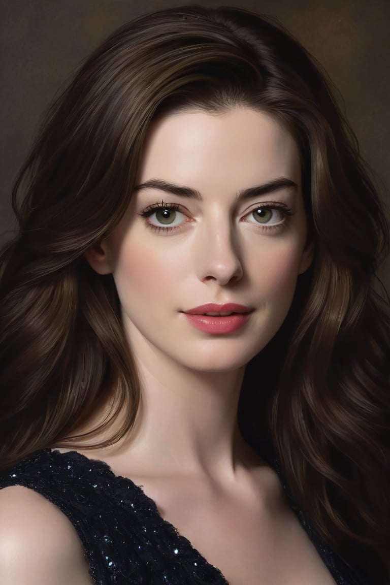 Anne Hathaway as Mozart's Female Muse: A Masterpiece In this stunning oil painting,  Anne Hathway's breathtaking portrait...