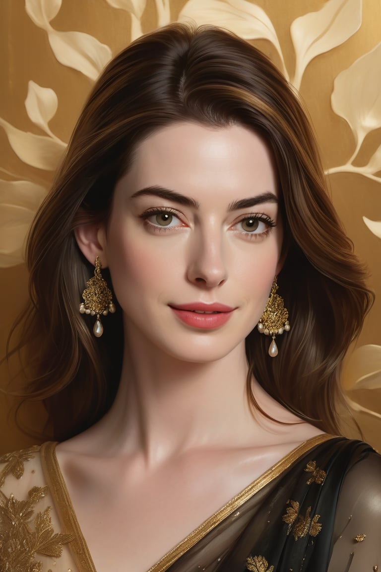 Vertical portrait of Anne Hathaway as Mozart's female muse,  set against a rich,  golden backdrop. Heavy brushstrokes and...