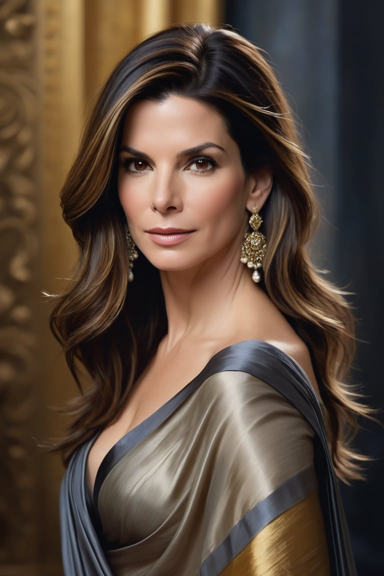 Award-winning portrait of Sandra Bullock as Mozart's female counterpart,  draped in a stunning Saree. Medium-long,  fuzzy...