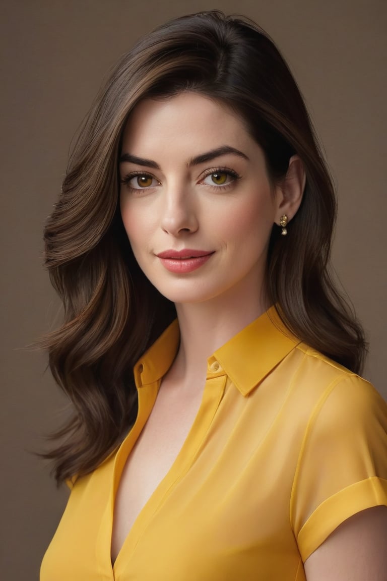 Vertical portrait of a stunning Indian woman in her 30s, dressed in a sun-kissed yellow shirt dress, exuding confidence and determination. Her Trendsetter wolf-cut brown hair falls softly around her face, framing her striking features. Anne Hathaway-esque charm radiates from her soft smile and full lips, which seem to hint at a thousand secrets. Her black eyes gleam with intensity, as if plotting the next big move in the corporate world - she's a CEO, after all. The sleek, modern composition is set against a smooth, colorized background, emphasizing the subject's sharp jawline and chiseled features. Every detail, from the subtle highlights on her hair to the delicate folds of her dress, is rendered with hyper-realistic precision, making this digital art piece truly breathtaking.