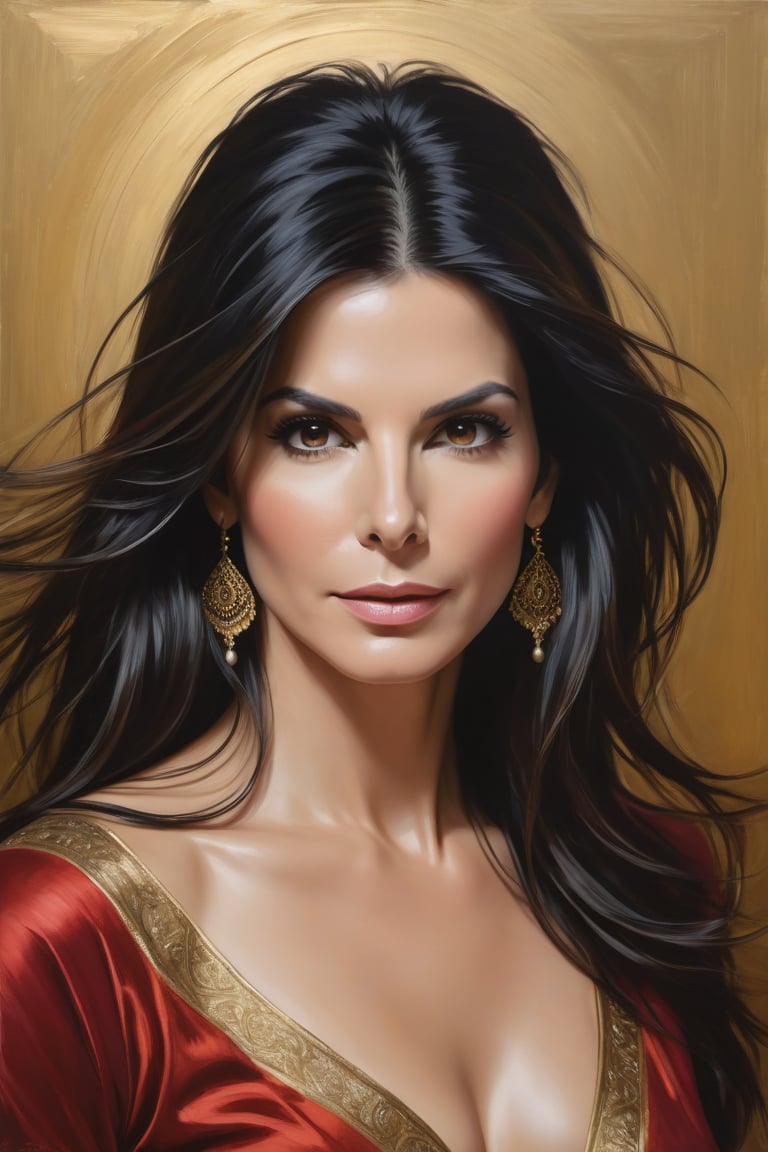 Vertical portrait of a stunning Indian woman in her 40s,  Sandra Bullock as Mozart,  with medium-long fuzzy black hair fra...