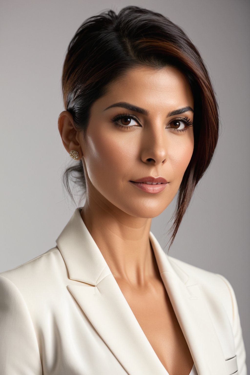 A stunning close-up portrait: A poised Indian woman in her 30s, sporting a trendy wolf-cut brown hairdo, wears a crisp white business suit exuding confidence and determination. Her direct yet soft gaze recalls Sandra Bullock's elegance. Shallow depth of field showcases her sharp features against a neutral, blurred background. Softbox lighting enhances her skin tone, while the suit's subtle sheen adds dimensionality.